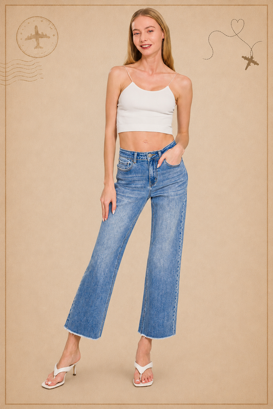 Zenana High Waist Straight Leg Medium Wash Denim Pants 1982MM