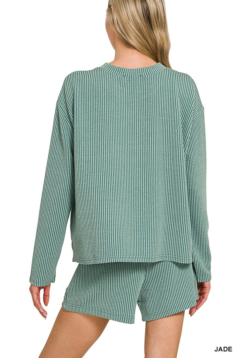 Zenana Raised Rib Long Sleeve Tee & Shorts Set 8603D4