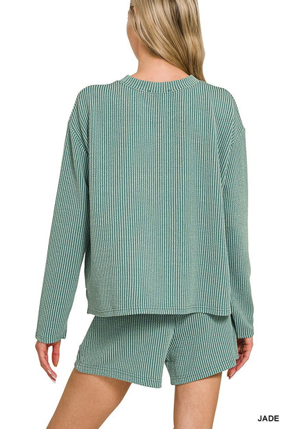 Zenana Raised Rib Long Sleeve Tee & Shorts Set 8603D4