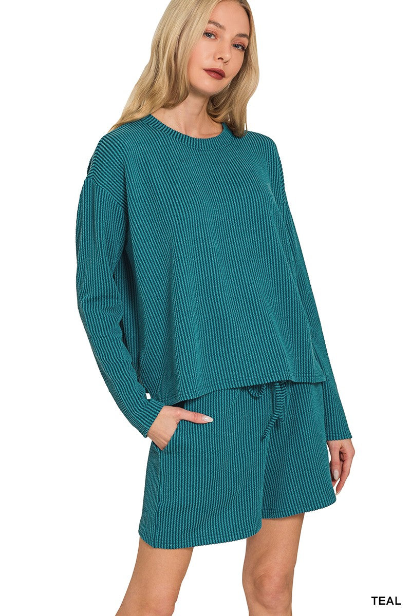 Zenana Raised Rib Long Sleeve Tee & Shorts Set 8603D4