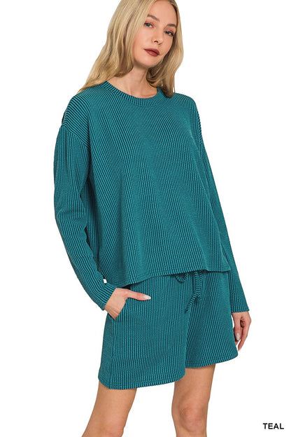 Zenana Raised Rib Long Sleeve Tee & Shorts Set 8603D4