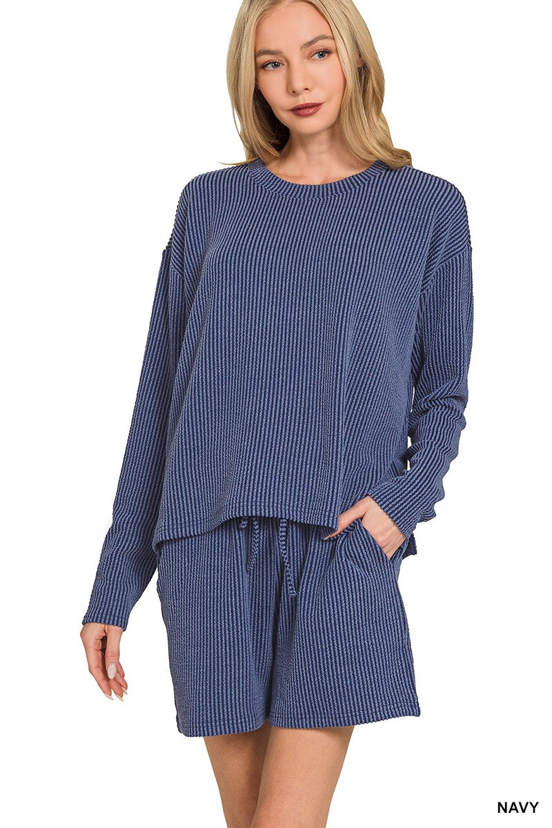 Zenana Raised Rib Long Sleeve Tee & Shorts Set 8603D4