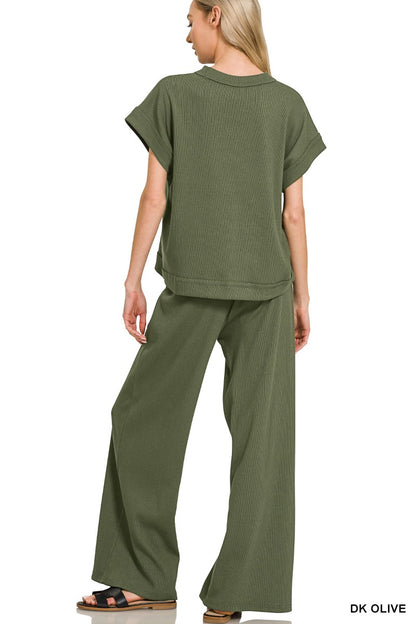 Zenana Ribbed Short Sleeve Tee & Pants Set 3480A3