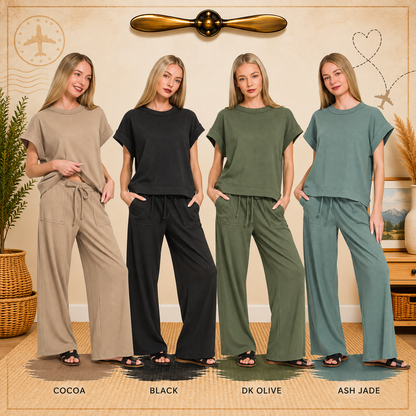 Zenana Ribbed Short Sleeve Tee & Pants Set 3480A3