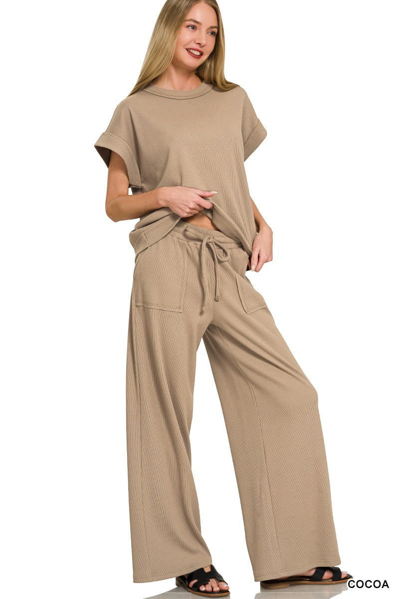 Zenana Ribbed Short Sleeve Tee & Pants Set 3480A3