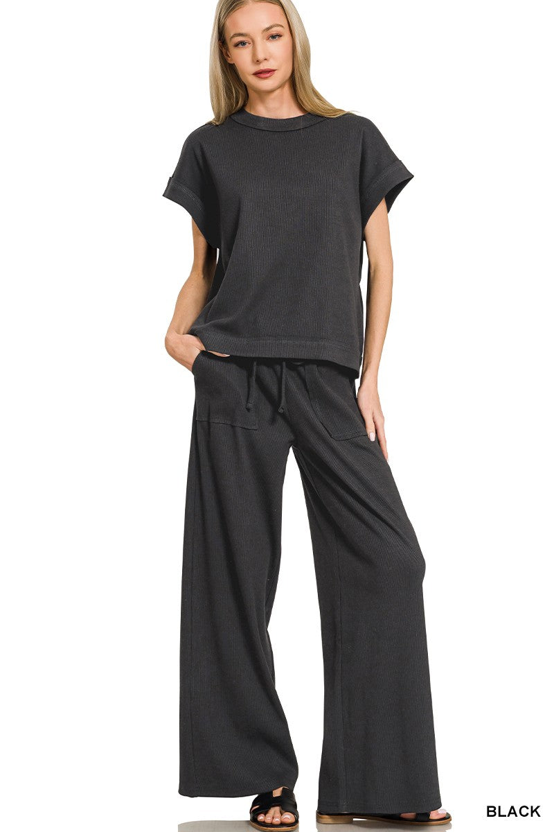 Zenana Ribbed Short Sleeve Tee & Pants Set 3480A3