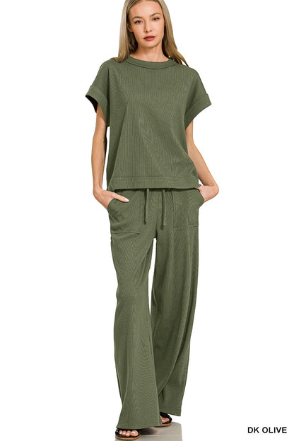 Zenana Ribbed Short Sleeve Tee & Pants Set 3480A3
