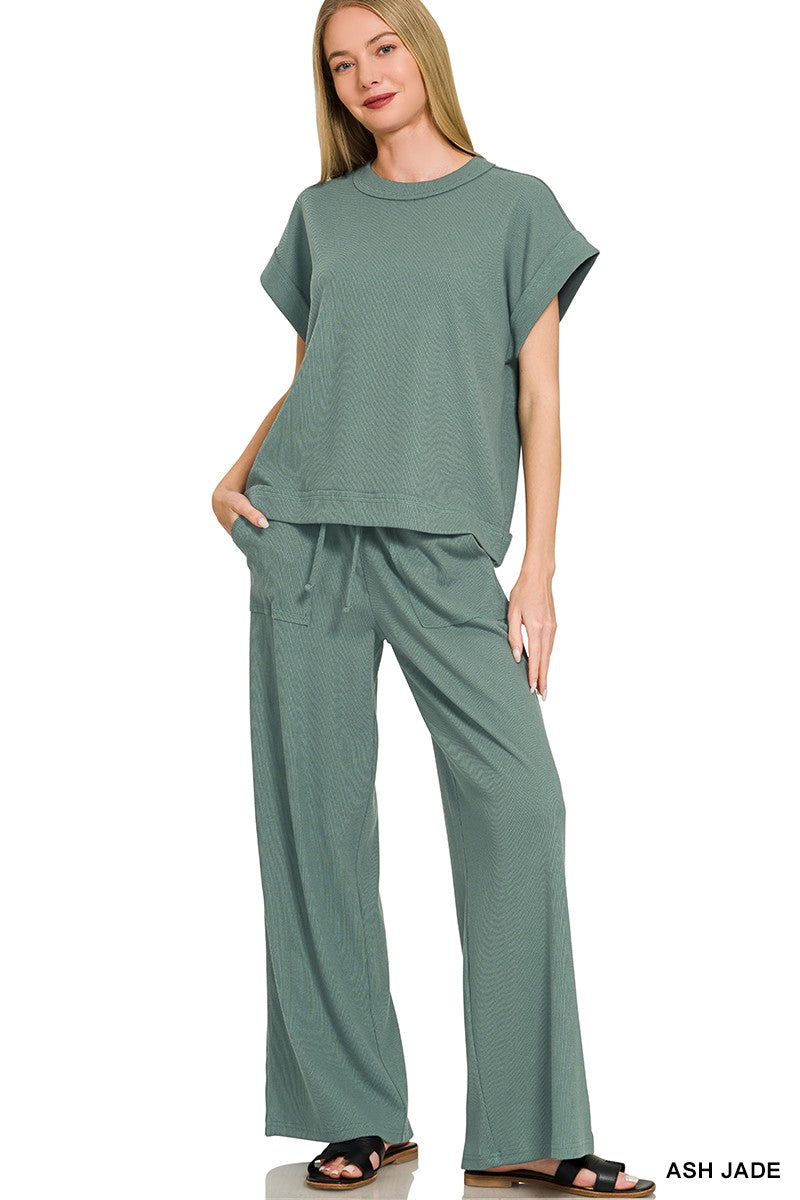 Zenana Ribbed Short Sleeve Tee & Pants Set 3480A3