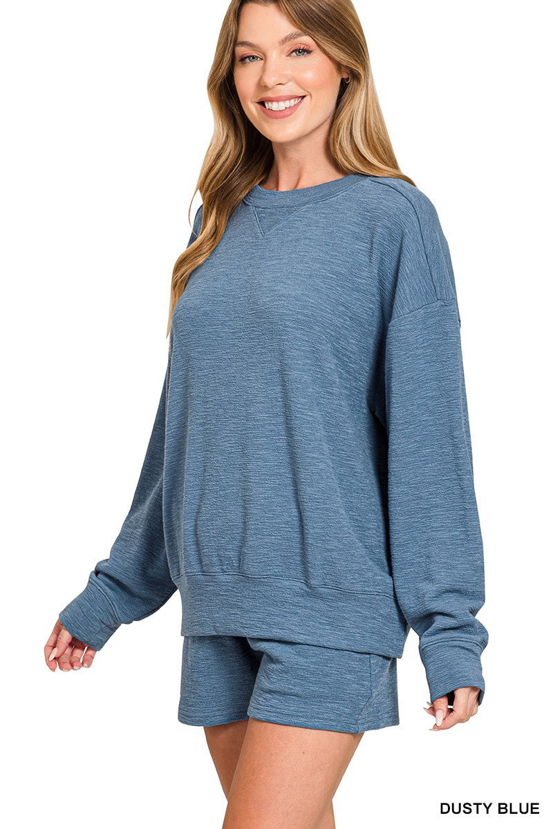Zenana Slub Pullover & Shorts 2pcs Set 3474