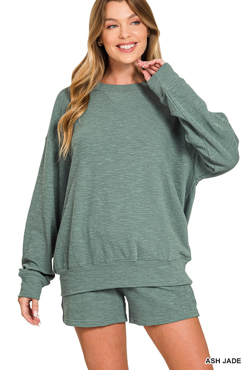 Zenana Slub Pullover & Shorts 2pcs Set 3474