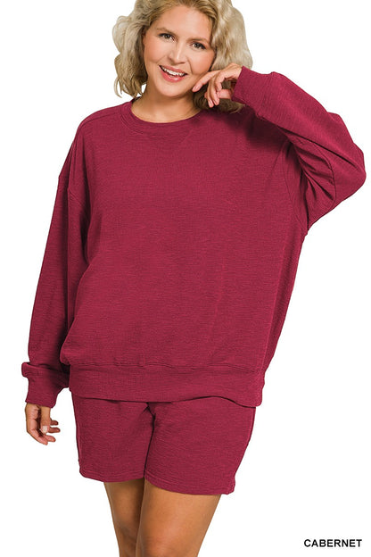 Zenana Plus Slub Pullover & Shorts 2pcs Set 3474X5