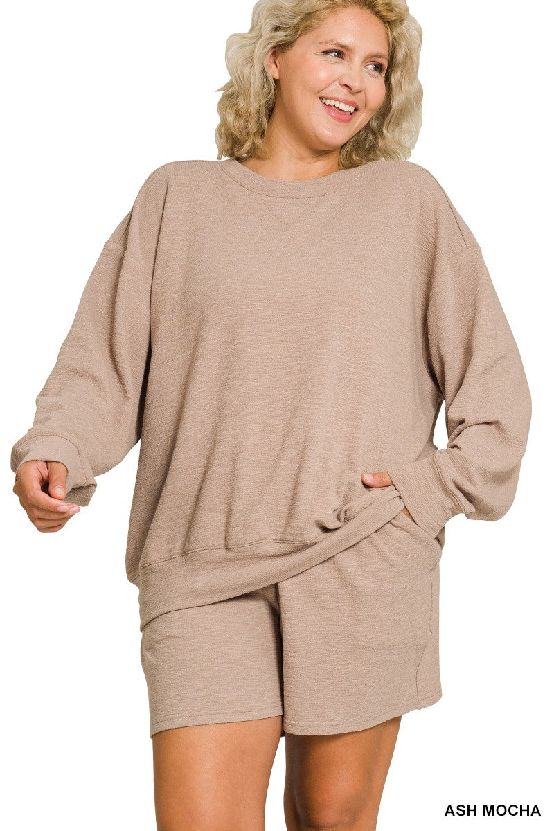 Zenana Plus Slub Pullover & Shorts 2pcs Set 3474X5