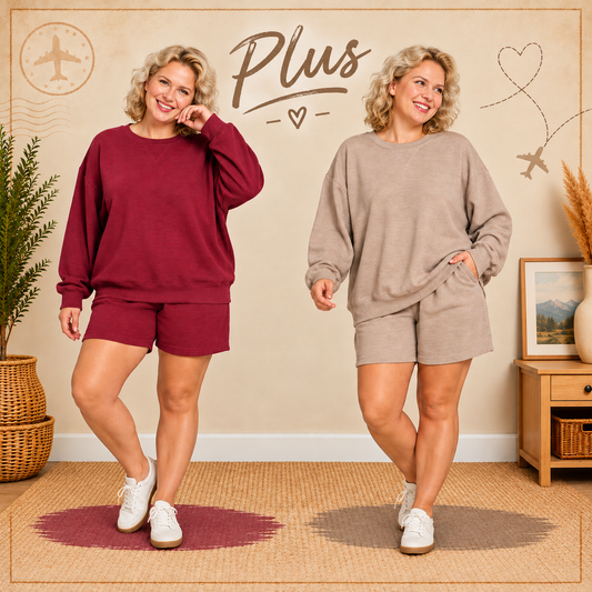 Zenana Plus Slub Pullover & Shorts 2pcs Set 3474X5