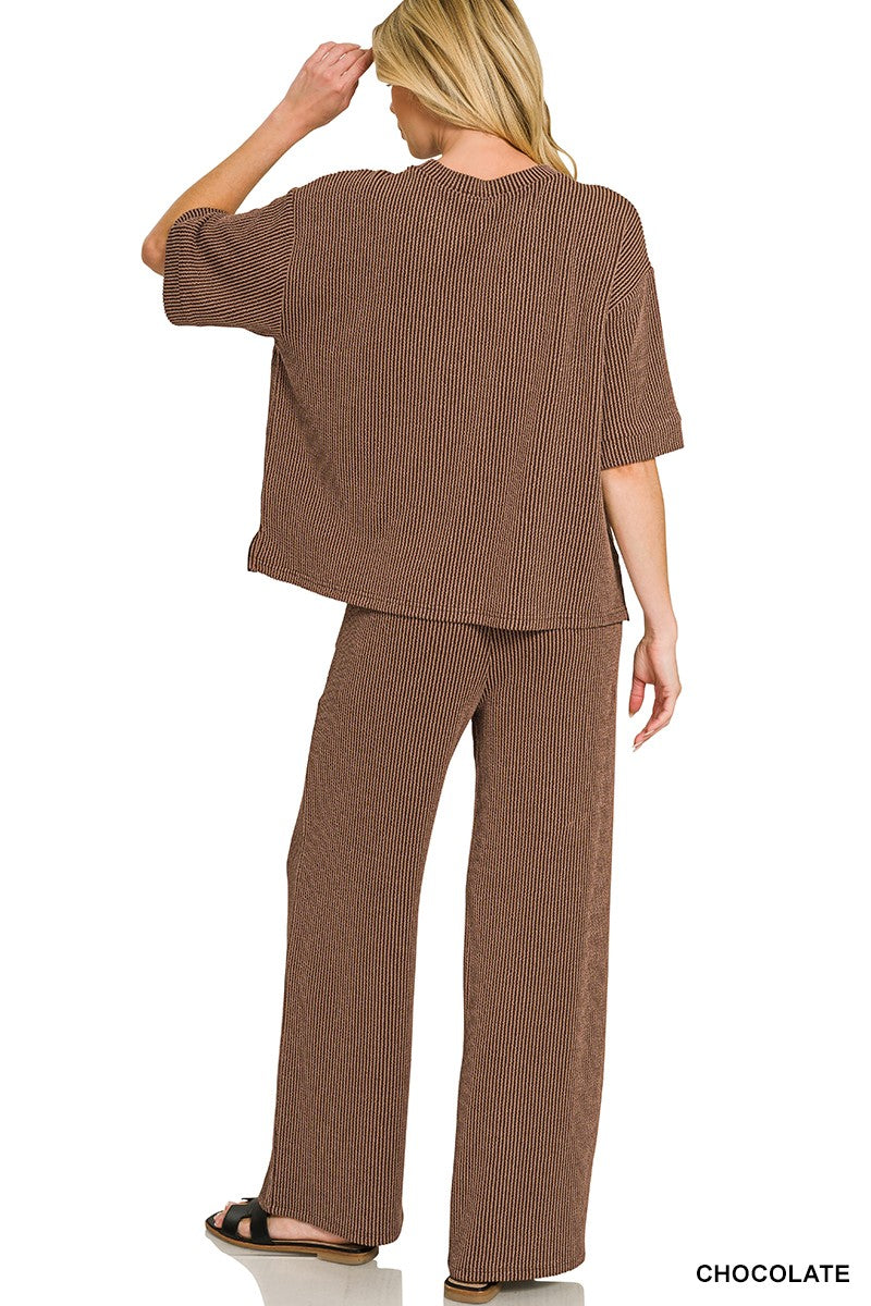 Zenana Raised Rib Short Sleeve Tee & Pants Set 8608Y