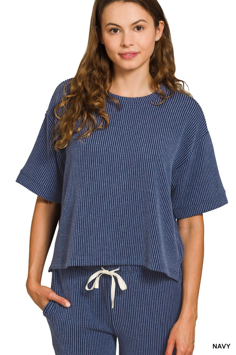 Zenana Raised Rib Short Sleeve Tee & Pants Set 8608Y
