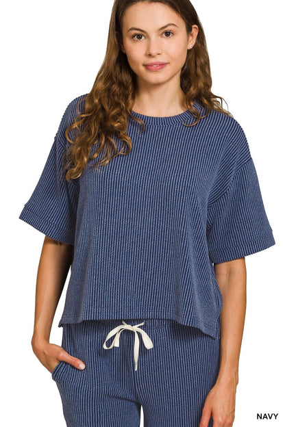 Zenana Raised Rib Short Sleeve Tee & Pants Set 8608Y