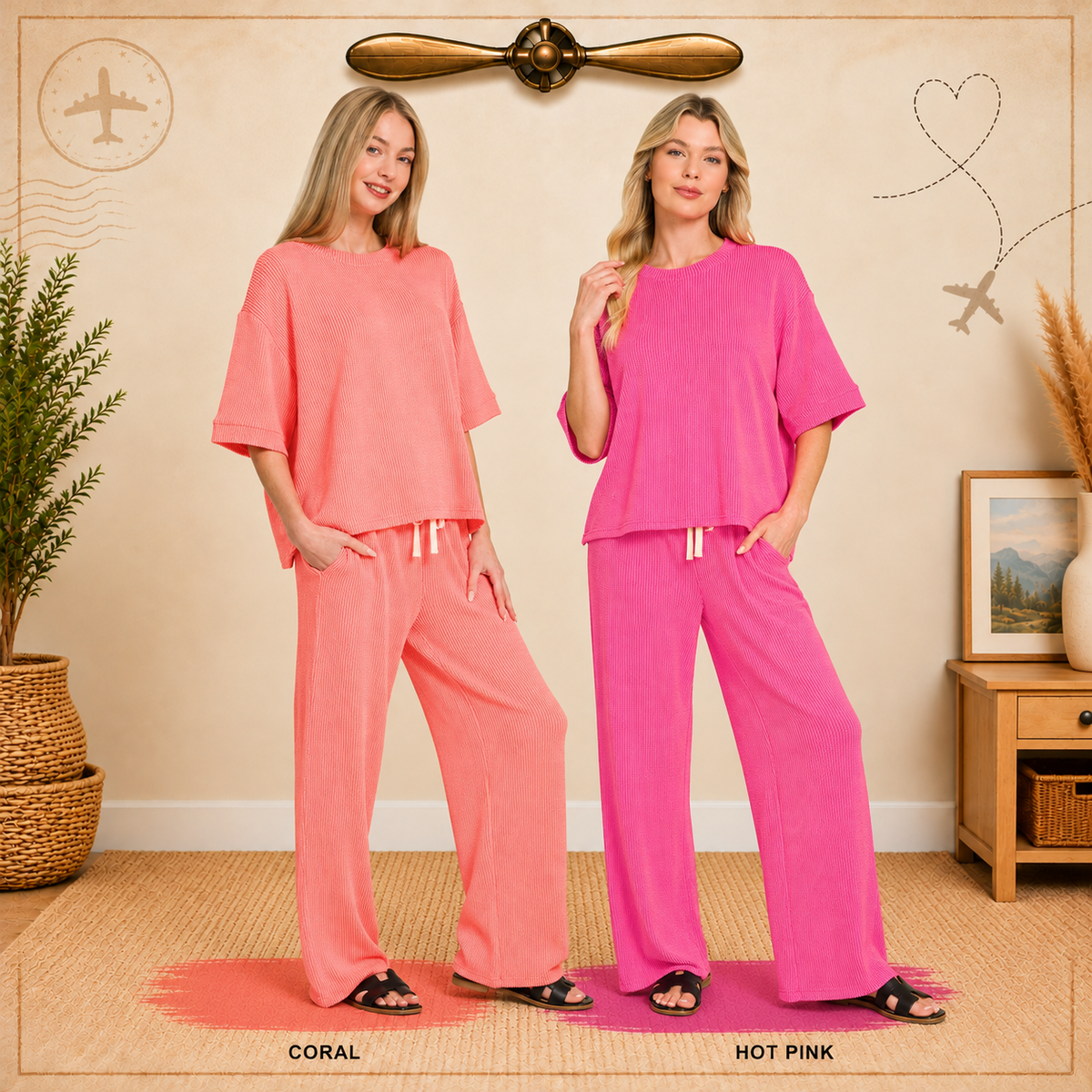 Zenana Raised Rib Short Sleeve Tee & Pants Set 8608Y