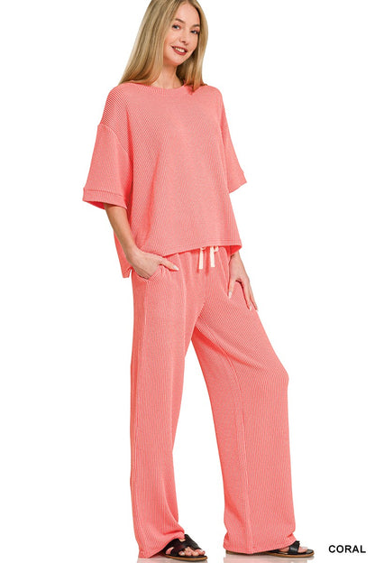 Zenana Raised Rib Short Sleeve Tee & Pants Set 8608Y