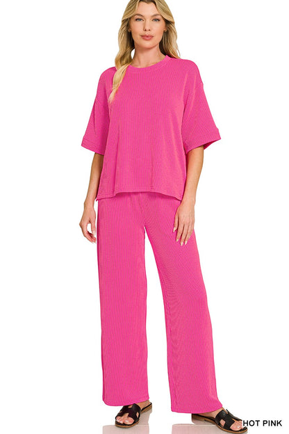 Zenana Raised Rib Short Sleeve Tee & Pants Set 8608Y