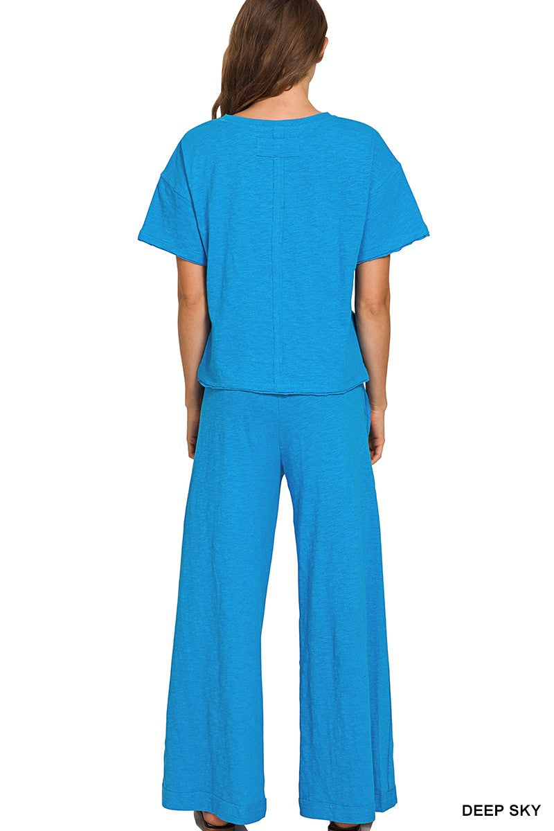 Zenana Cotton Slub Short Sleeve Tee & Pants Set 3478