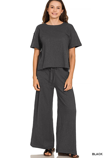 Zenana Cotton Slub Short Sleeve Tee & Pants Set 3478