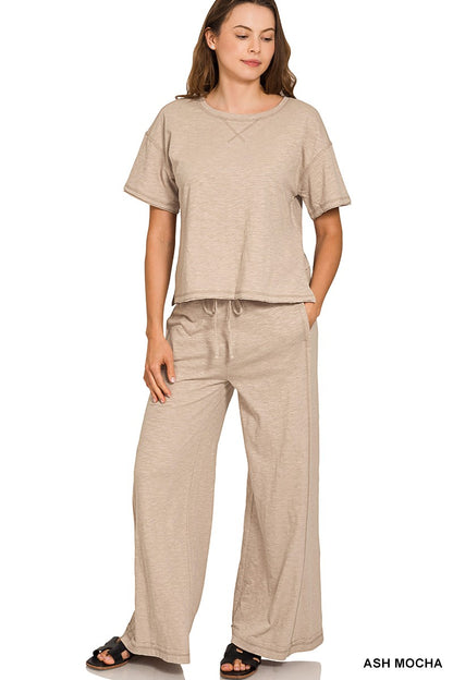 Zenana Cotton Slub Short Sleeve Tee & Pants Set 3478