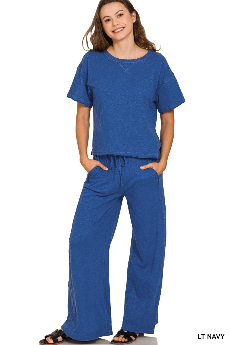 Zenana Cotton Slub Short Sleeve Tee & Pants Set 3478
