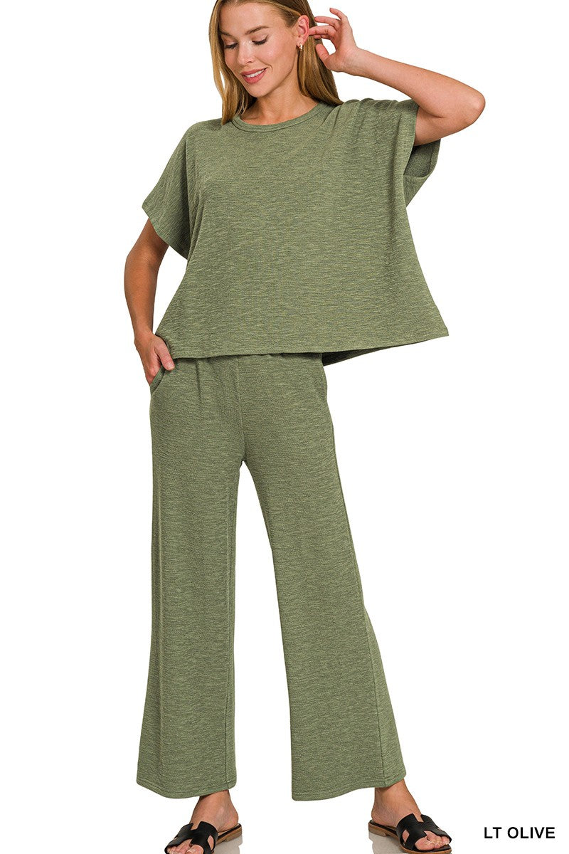 Zenana Cotton Slub Top & Pants Set 3460A3