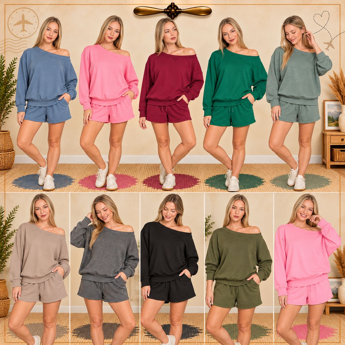 Zenana Fleece Boat Neck Sweatshirts & Shorts 2pcs Set 4379A5