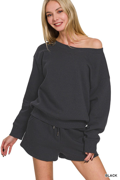 Zenana Fleece Boat Neck Sweatshirts & Shorts 2pcs Set 4379A5