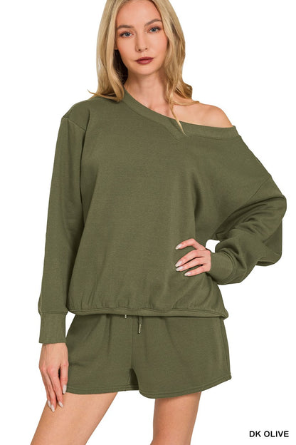 Zenana Fleece Boat Neck Sweatshirts & Shorts 2pcs Set 4379A5