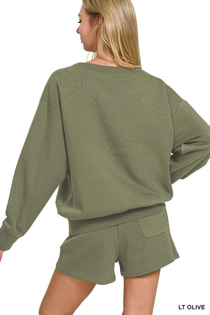 Zenana Fleece Boat Neck Sweatshirts & Shorts 2pcs Set 4379A5