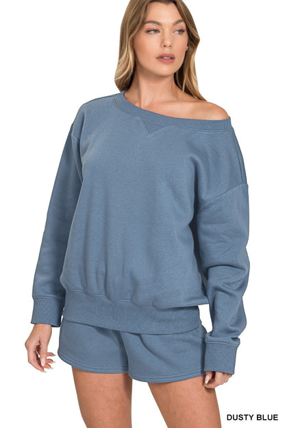 Zenana Fleece Boat Neck Sweatshirts & Shorts 2pcs Set 4379A5