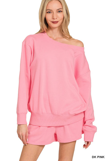 Zenana Fleece Boat Neck Sweatshirts & Shorts 2pcs Set 4379A5
