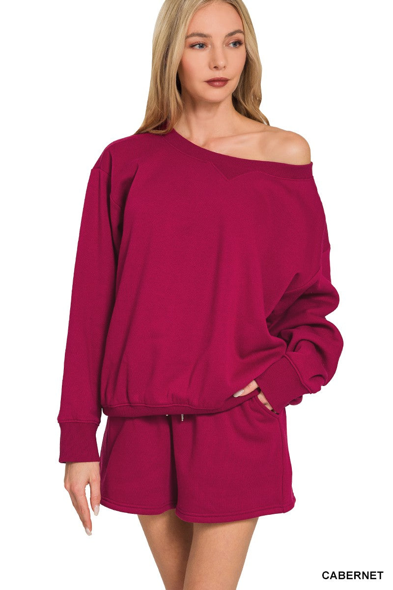 Zenana Fleece Boat Neck Sweatshirts & Shorts 2pcs Set 4379A5