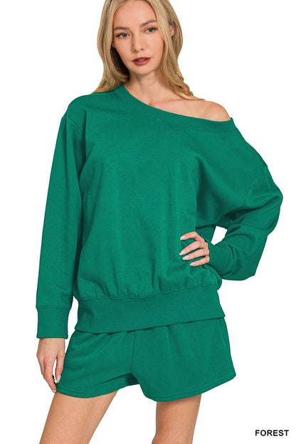 Zenana Fleece Boat Neck Sweatshirts & Shorts 2pcs Set 4379A5