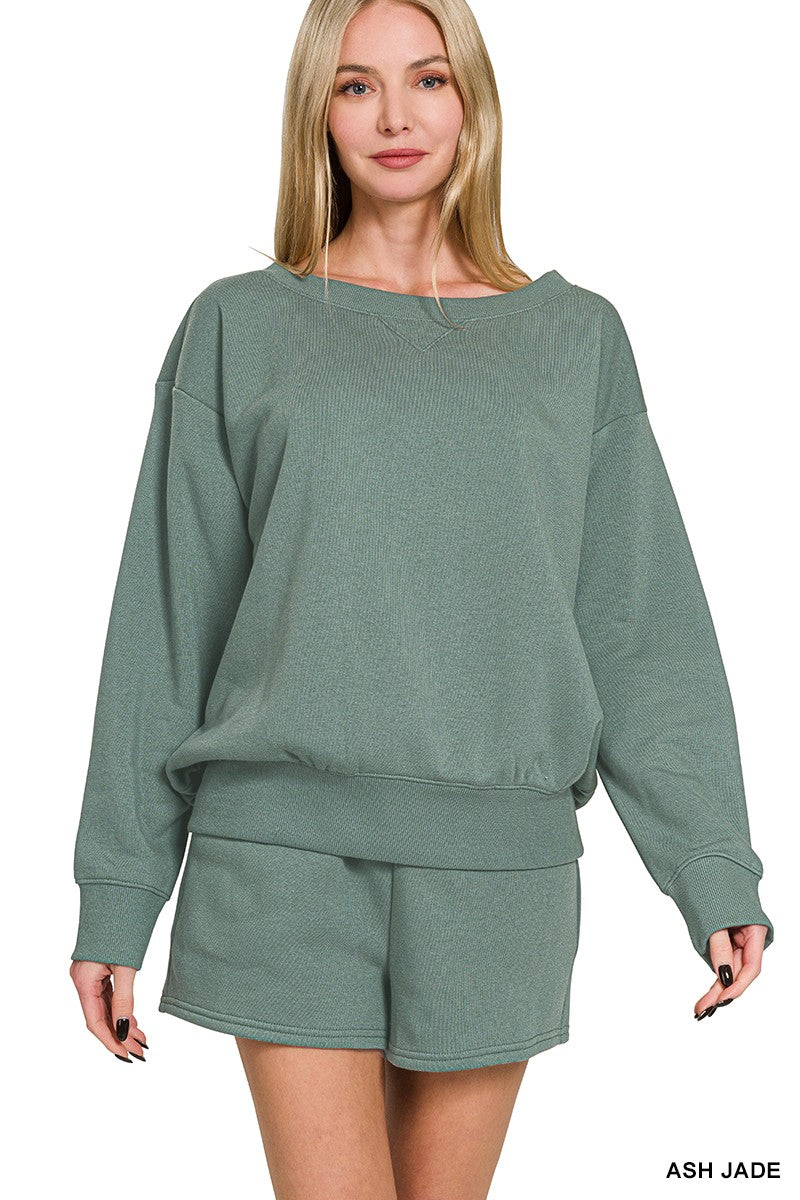 Zenana Fleece Boat Neck Sweatshirts & Shorts 2pcs Set 4379A5