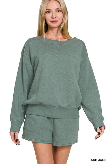 Zenana Fleece Boat Neck Sweatshirts & Shorts 2pcs Set 4379A5