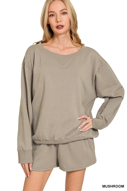 Zenana Fleece Boat Neck Sweatshirts & Shorts 2pcs Set 4379A5