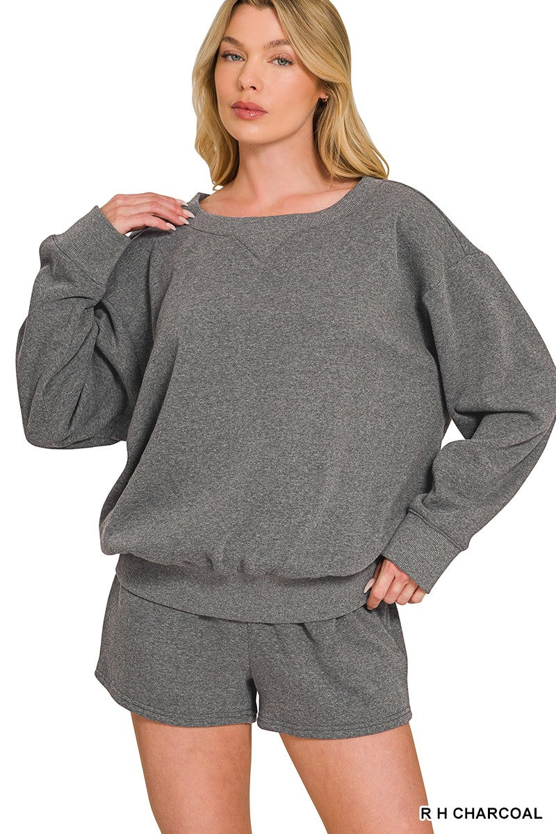 Zenana Fleece Boat Neck Sweatshirts & Shorts 2pcs Set 4379A5