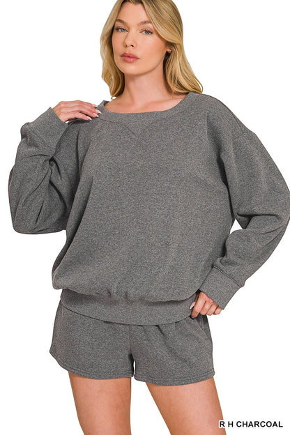 Zenana Fleece Boat Neck Sweatshirts & Shorts 2pcs Set 4379A5