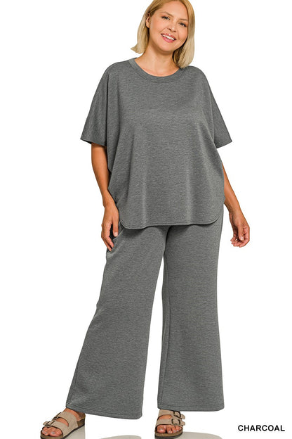 Zenana Plus Scuba Curved Hem Top & Pants Set 4133X5