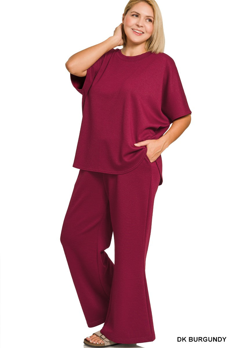 Zenana Plus Scuba Curved Hem Top & Pants Set 4133X5