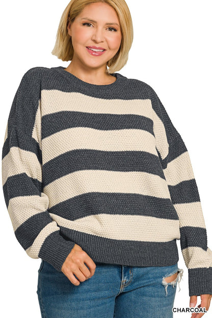 Zenana Plus Striped Drop Shoulder Sweater 2774X5