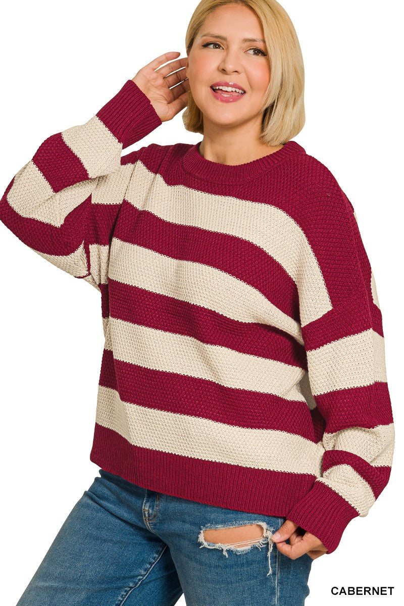 Zenana Plus Striped Drop Shoulder Sweater 2774X5
