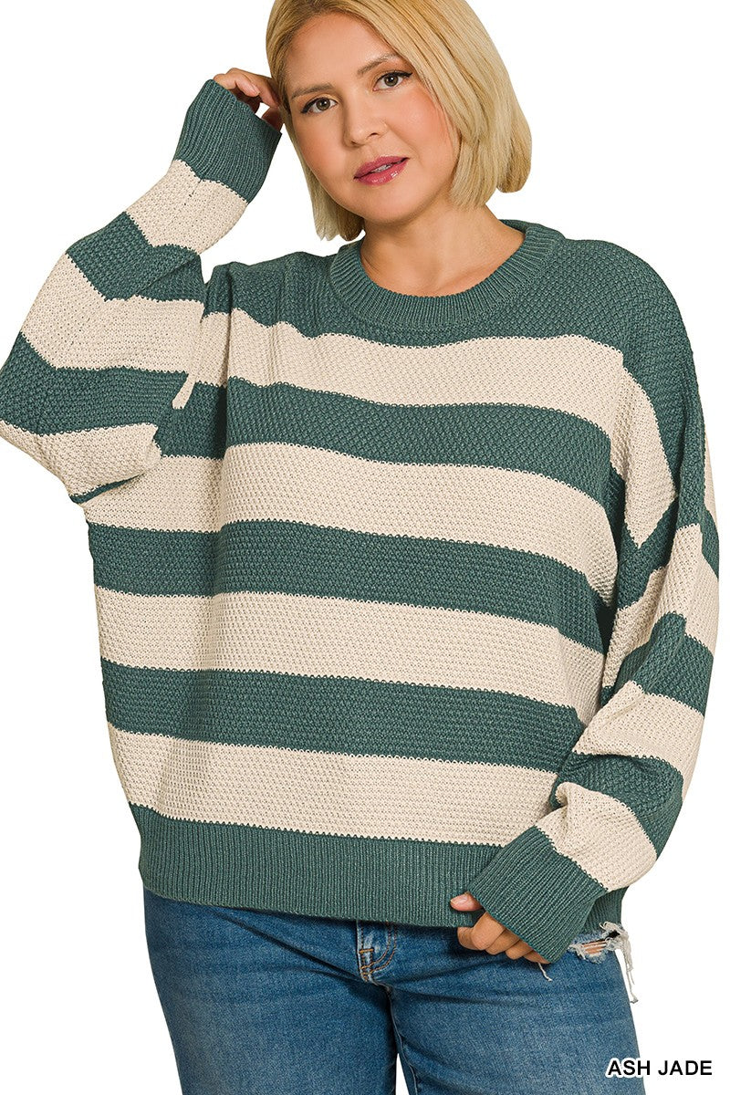 Zenana Plus Striped Drop Shoulder Sweater 2774X5