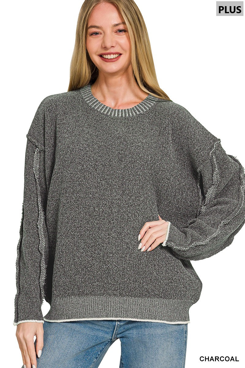 Zenana Plus Exposed Seam Round Neck Sweater 2649X5