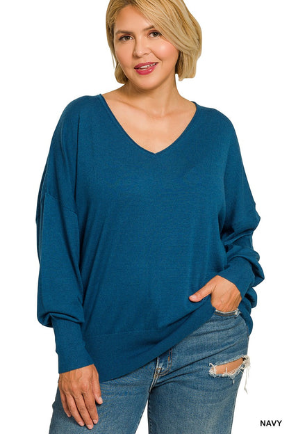 Zenana Plus V-neck Wool Blend Sweater NAVY 2751X5