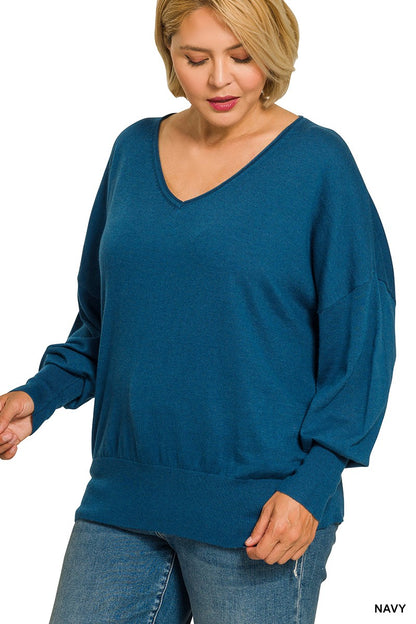 Zenana Plus V-neck Wool Blend Sweater NAVY 2751X5