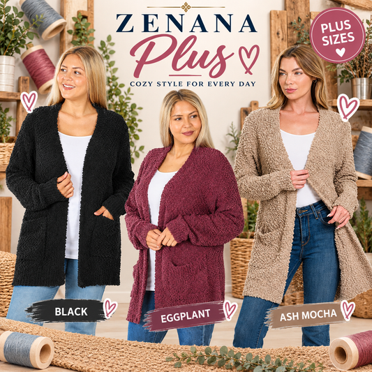 Zenana Plus Long Sleeve Popcorn Cardigan With Pockets 1938X5